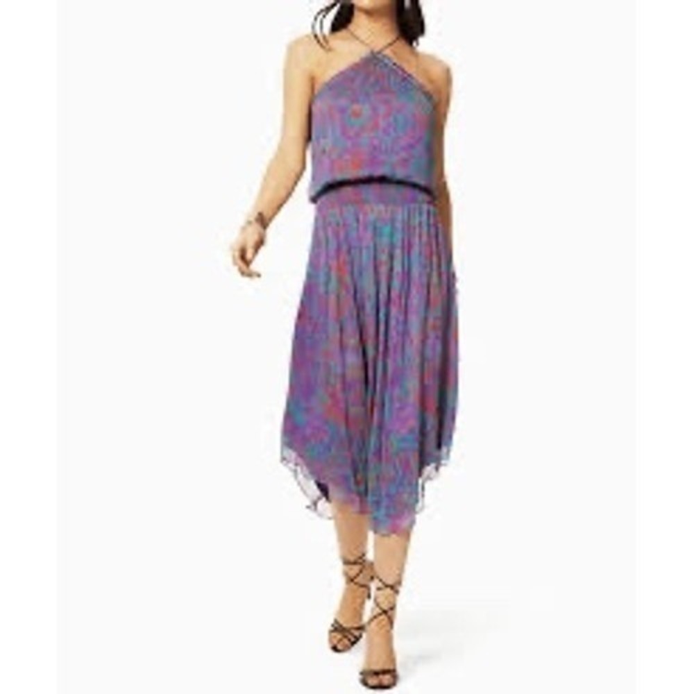 Ramy Brook Halter Midi Dress Womens XS Purple Paisley Smocked‎ EUC Cocktail Boho